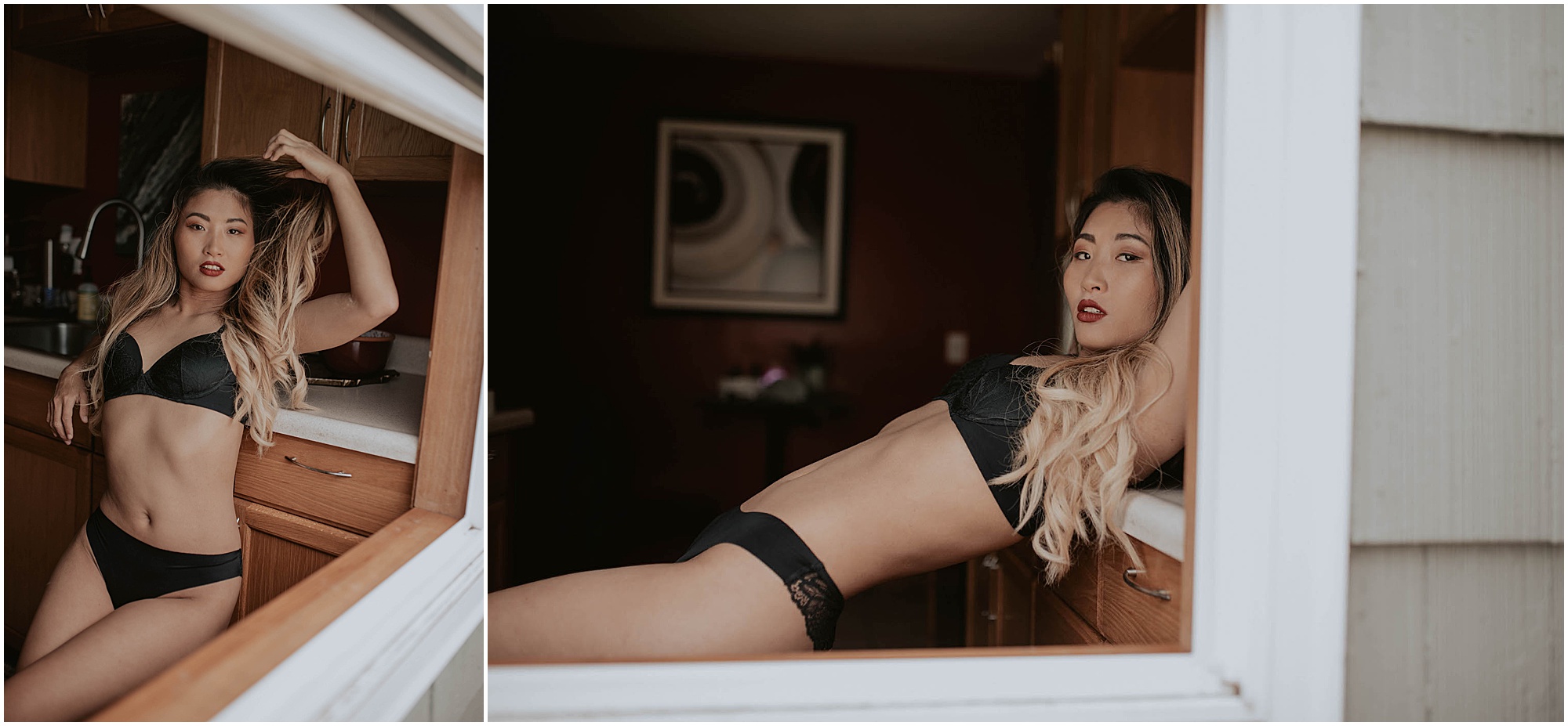 boudoir pose in kitchen, 