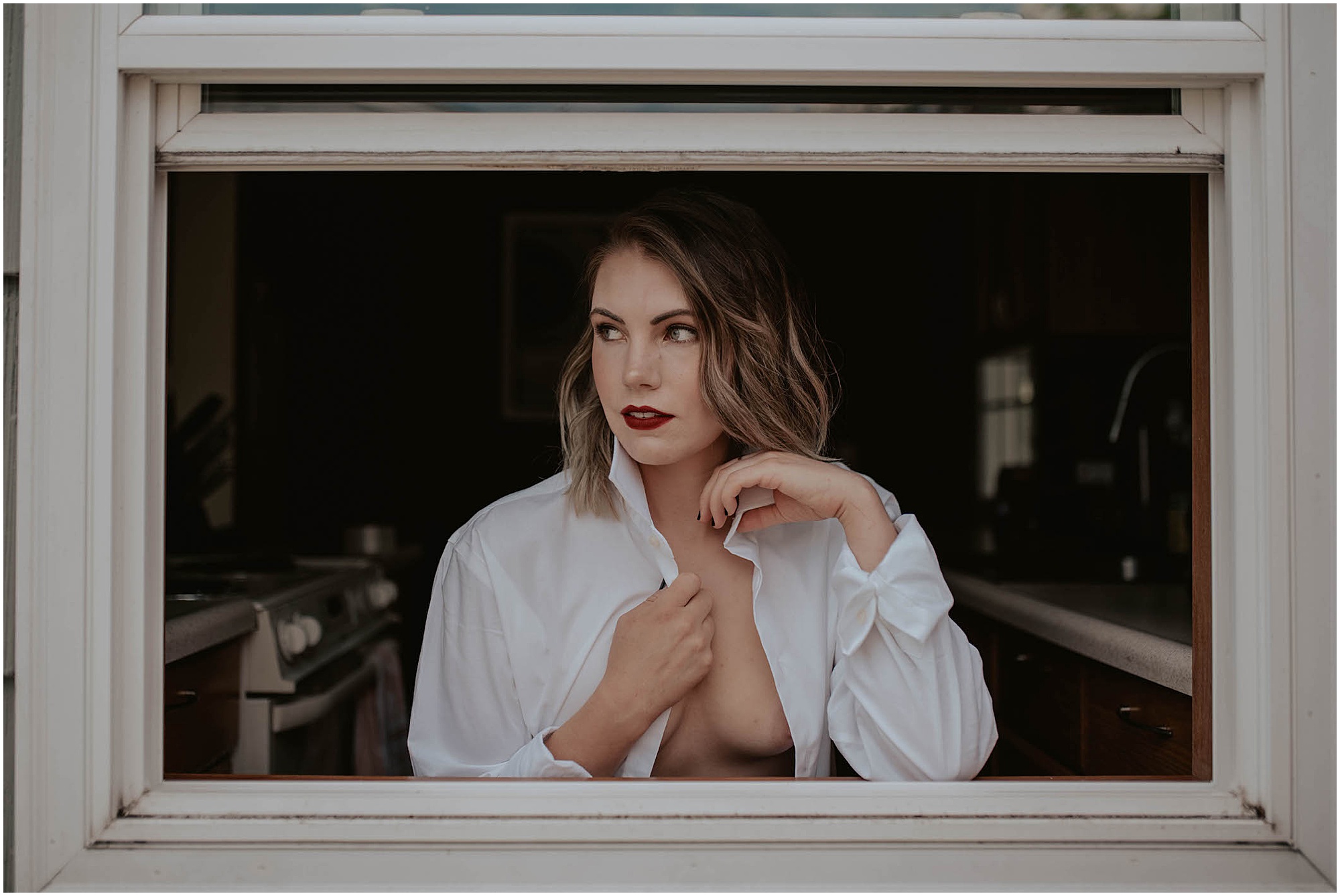 window boudoir session, red lipstick boudoir, 