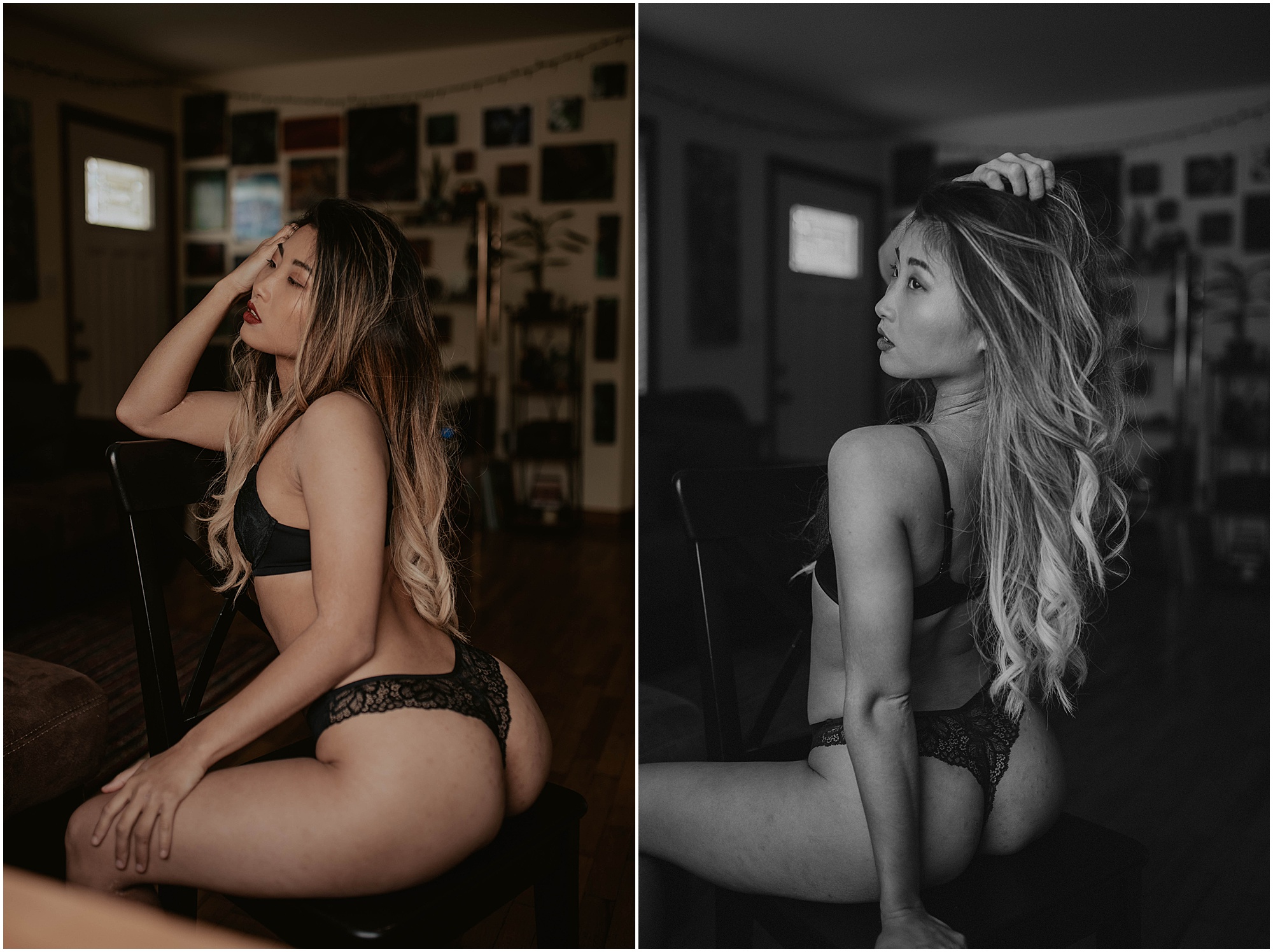 at home seattle boudoir, black lace underwear, 