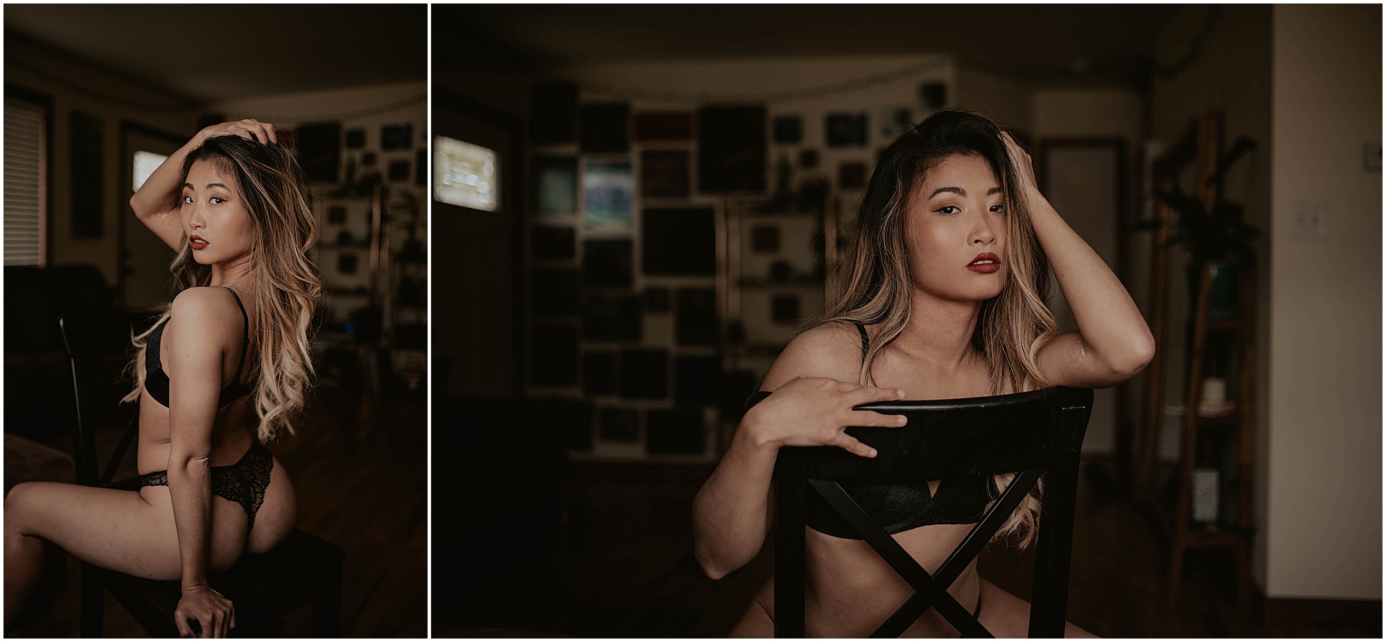 boudoir pose on chair, woman in black lace lingerie, 