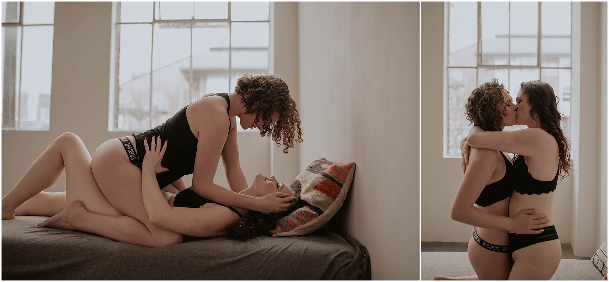 kissing couple in seattle studio on bed