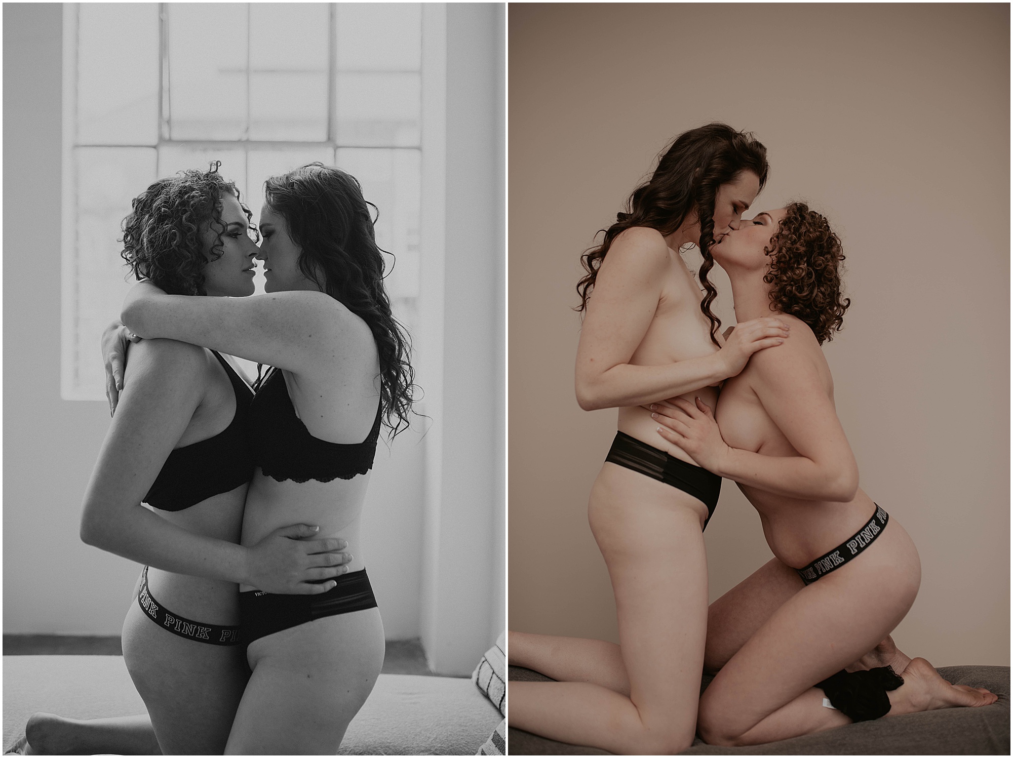 couple kissing boudoir posing