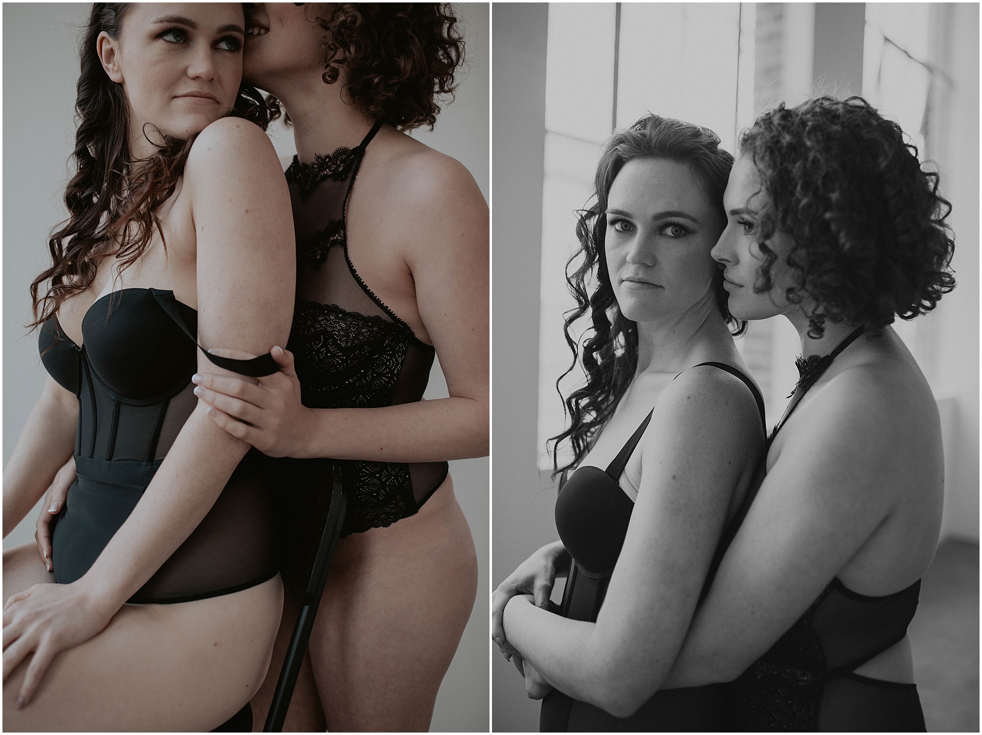 curly haired women boudoir posing