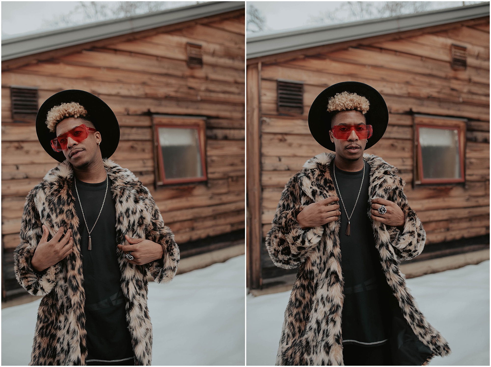 Leavenworth cabin in the snow, leopard fur coat 