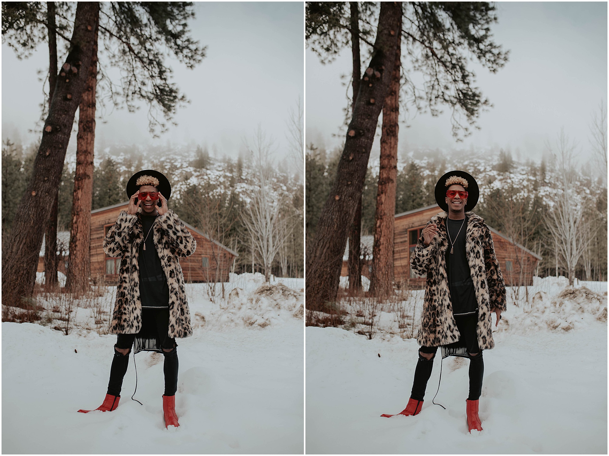 red boots and red sunglasses in the snow, timber music festival