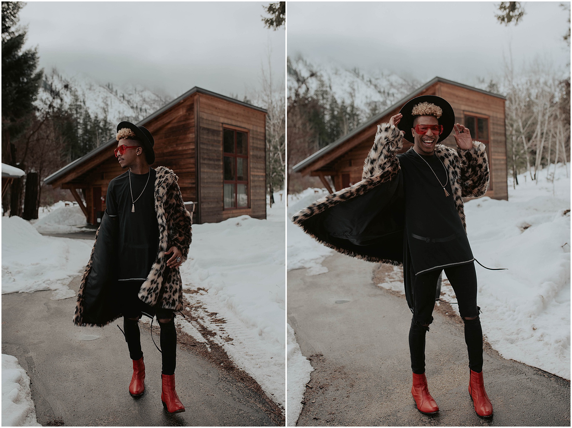 wood cabin in snow in Leavenworth Washington 