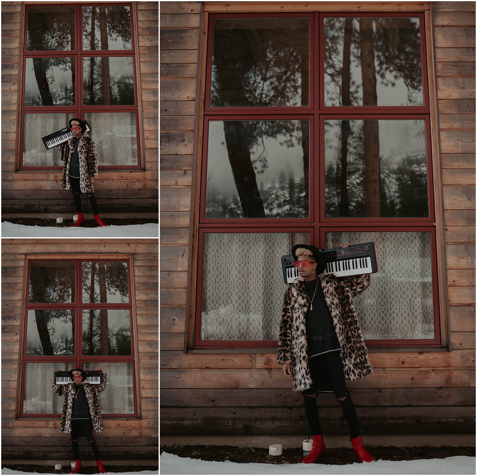 Leavenworth Washington cabin in woods, leopard print fur coat in snow