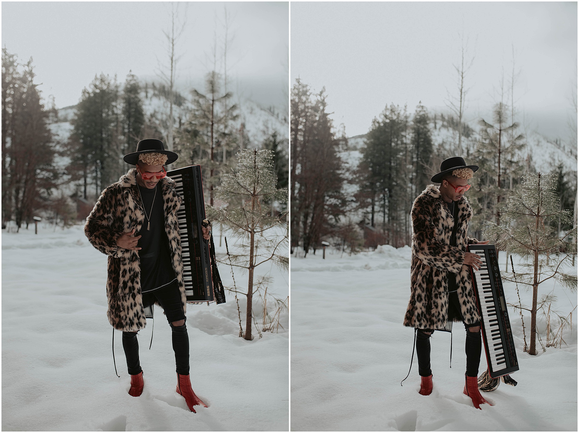 musician in snow with electric piano 