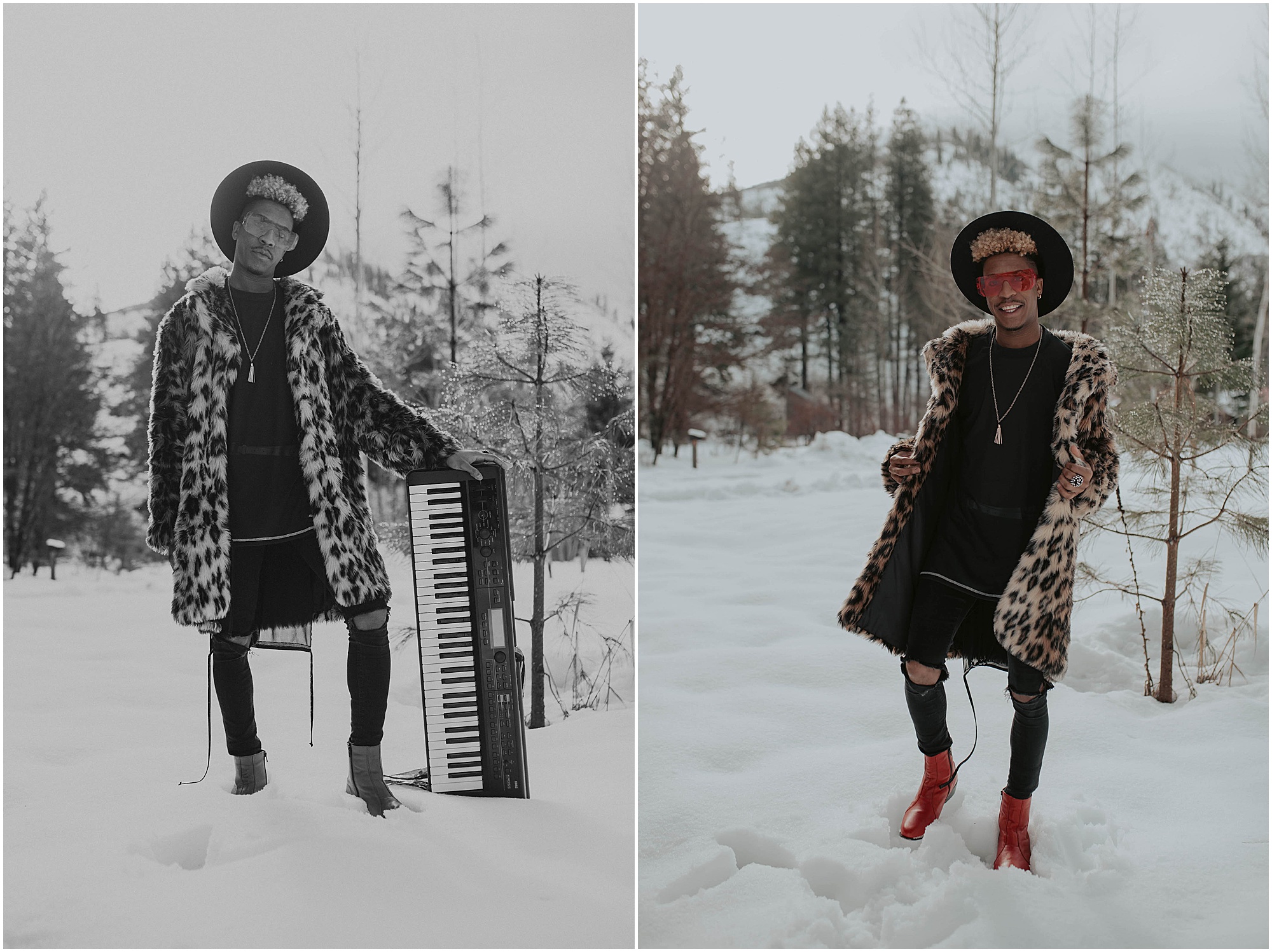 red shoes and leopard fur coat in snow, leavenworth washignton 