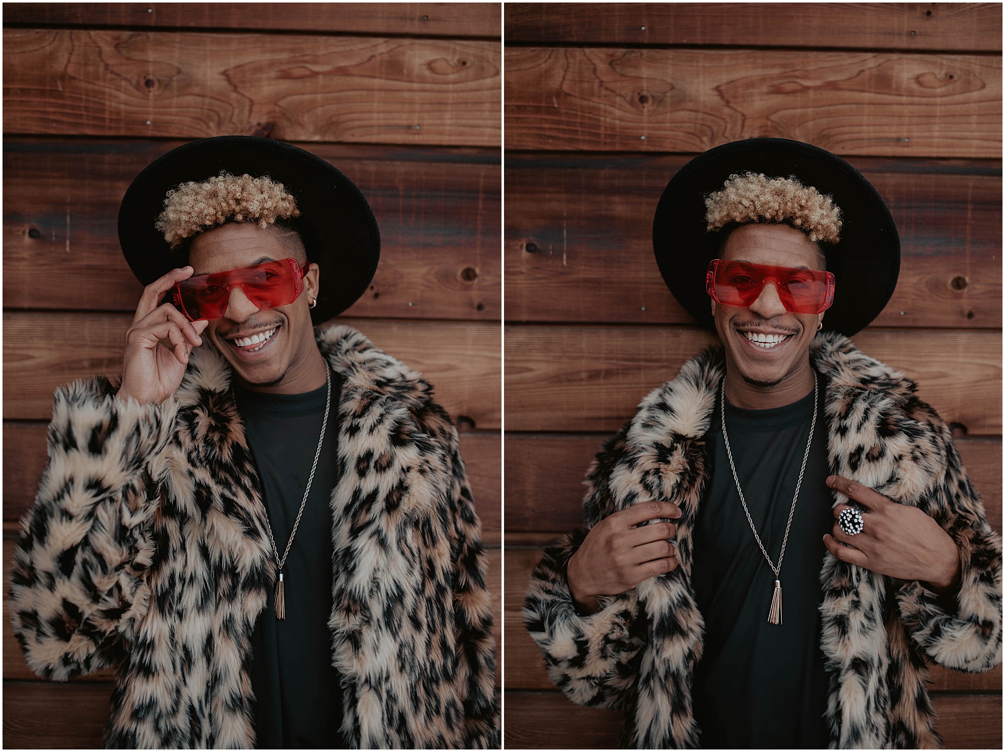 red glasses and black hat, cabin in the woods