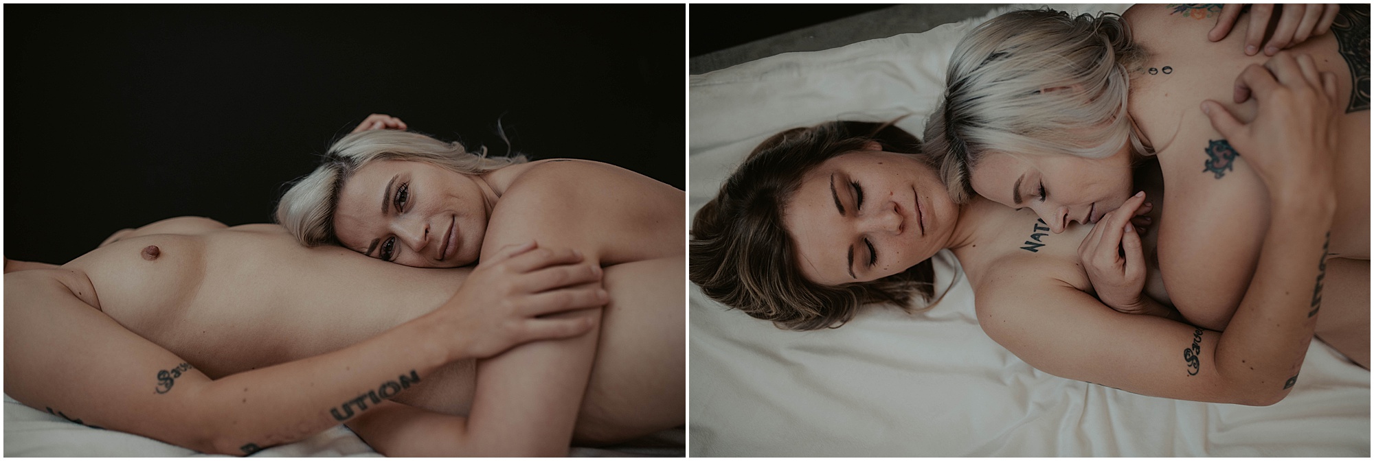 couple laying on floor together nude, engayed, seattle boudoir in studio 