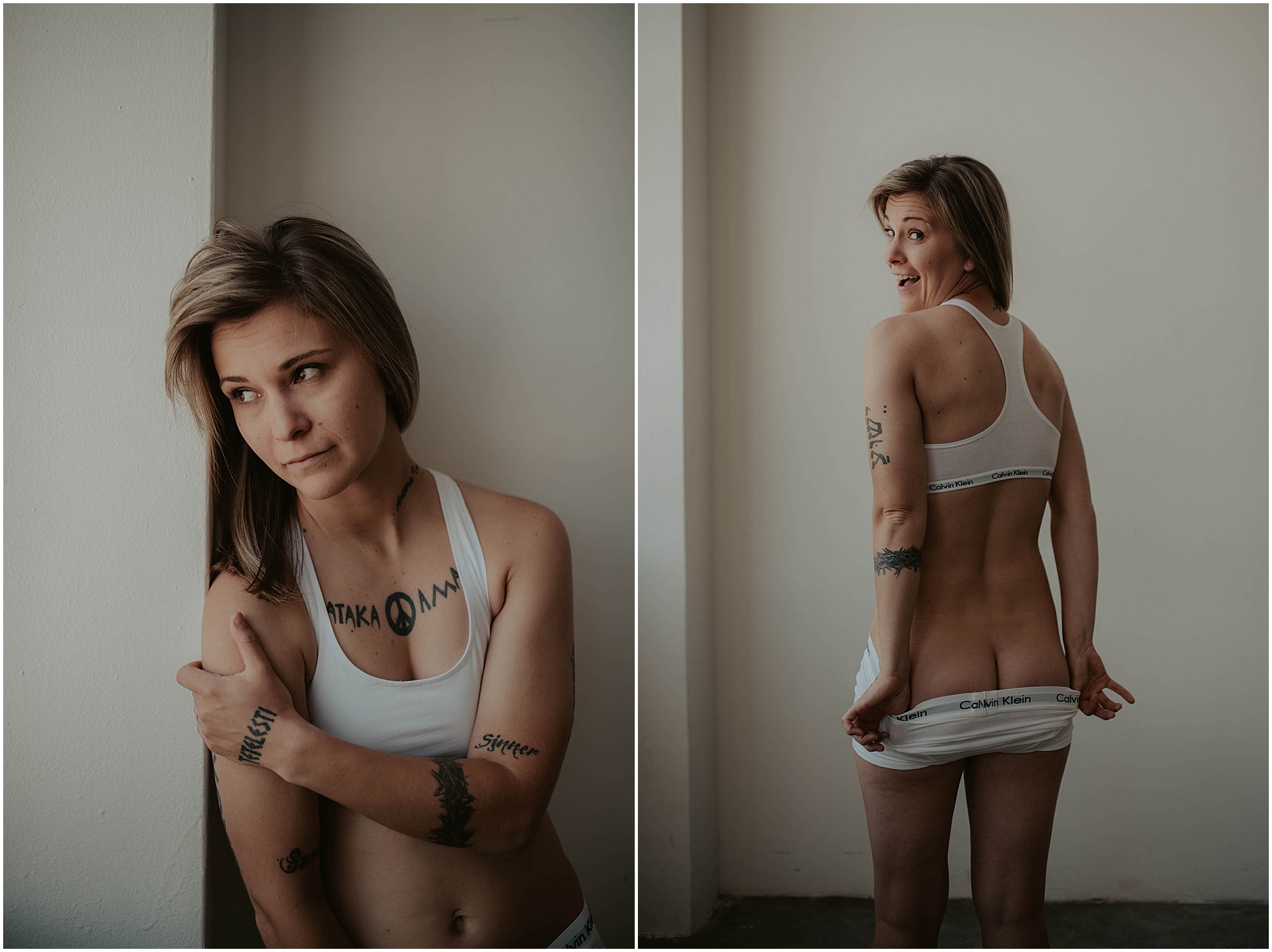 calvin klien underwear set, tattooed woman, lgbtqia