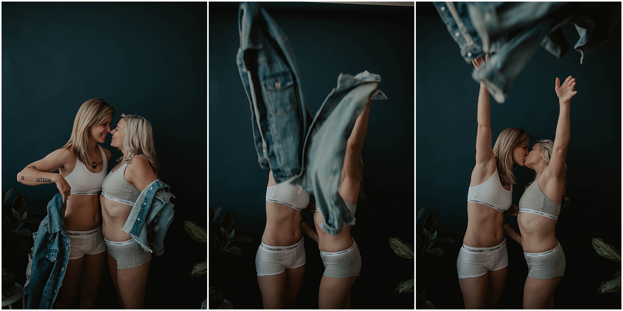 gay couple in matching denim jackets, engayged, lgbtqia