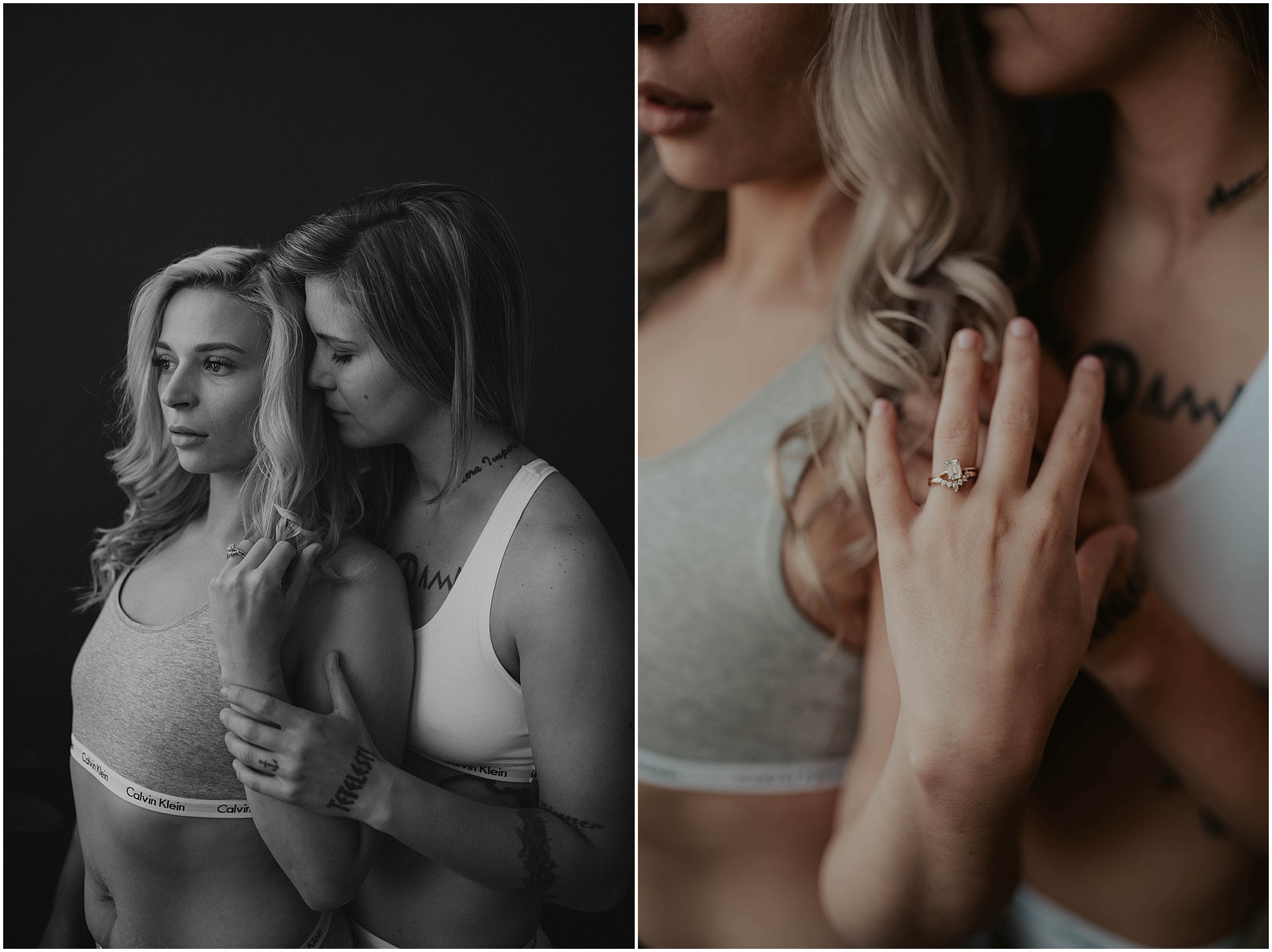 lesbian couple engaged, engayged, boudoir session at seattle studio