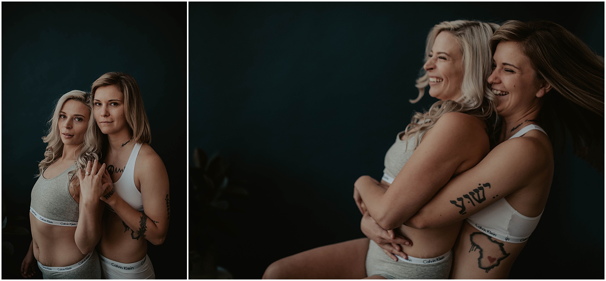 lgbtqia, engayged couple at boudoir session, couple laughing 