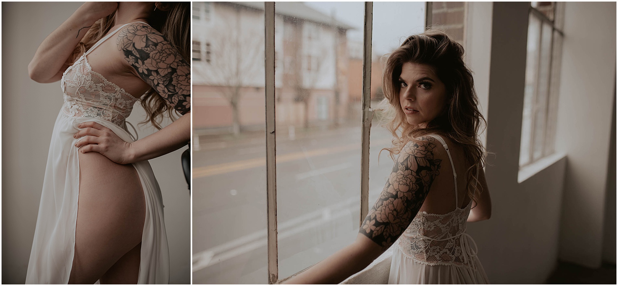 white lace teddy gown, indoor boudoir