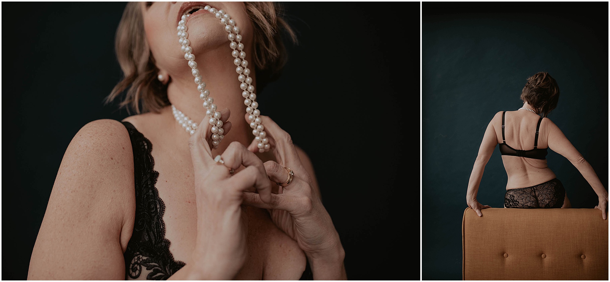 pearls in mouth, seattle studio boudoir posing