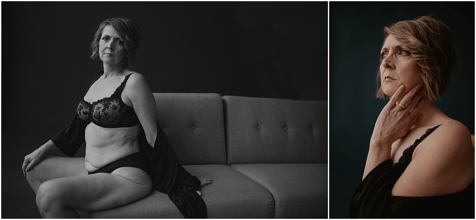boudoir at any age, woman posing on couch