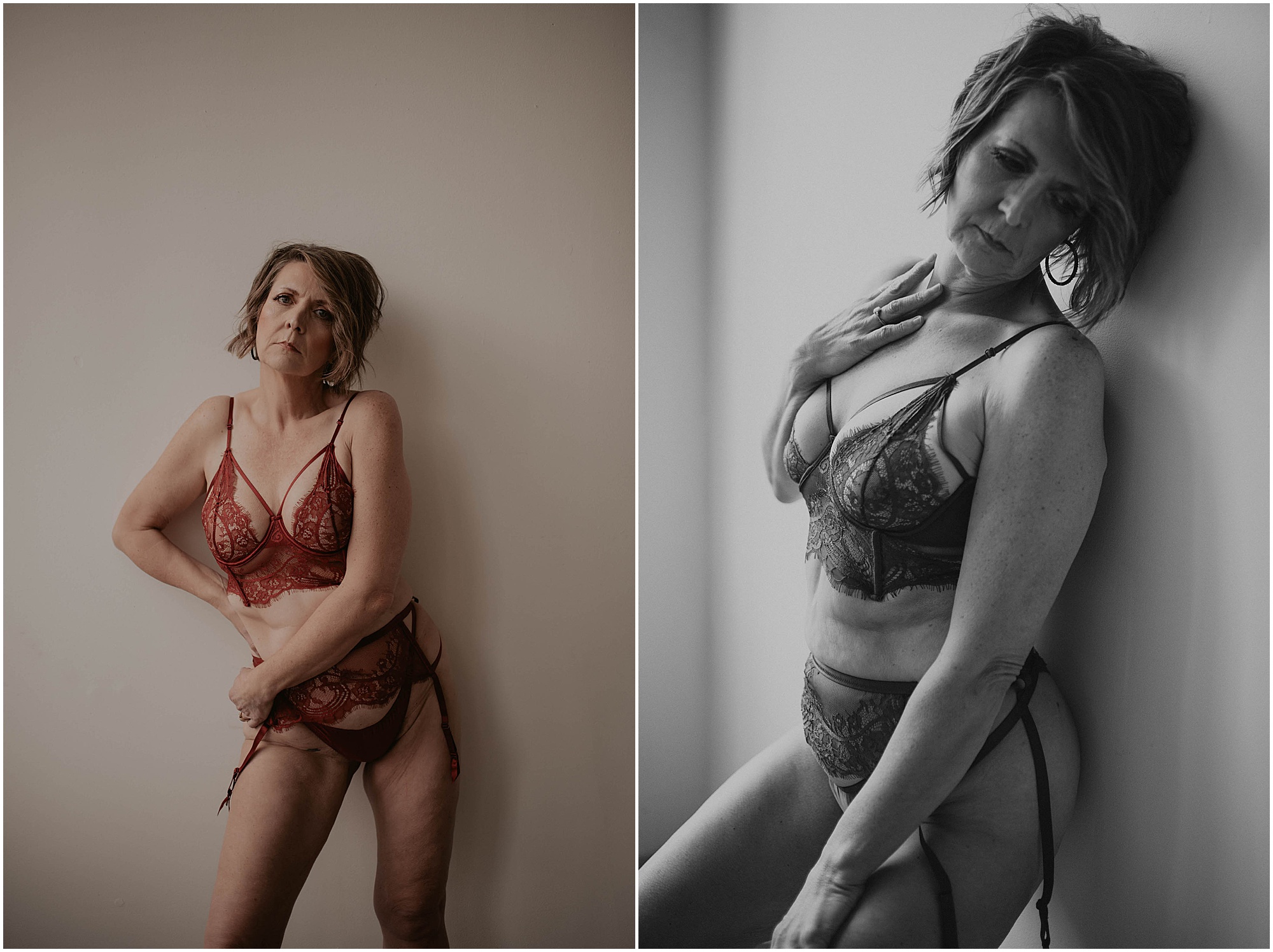 boudoir at any age, woman boudoir pose on wall