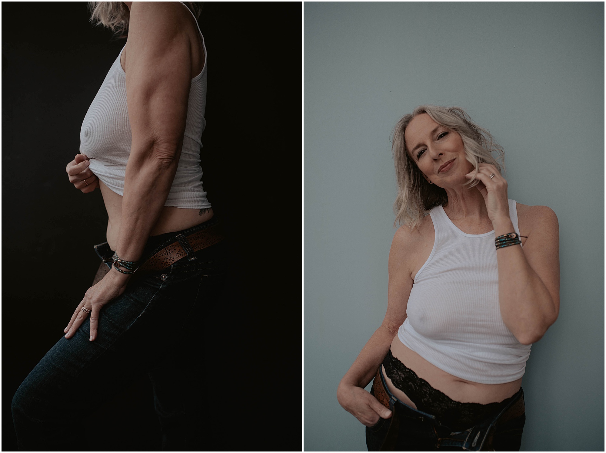 gray hair, white tank top boudoir, 