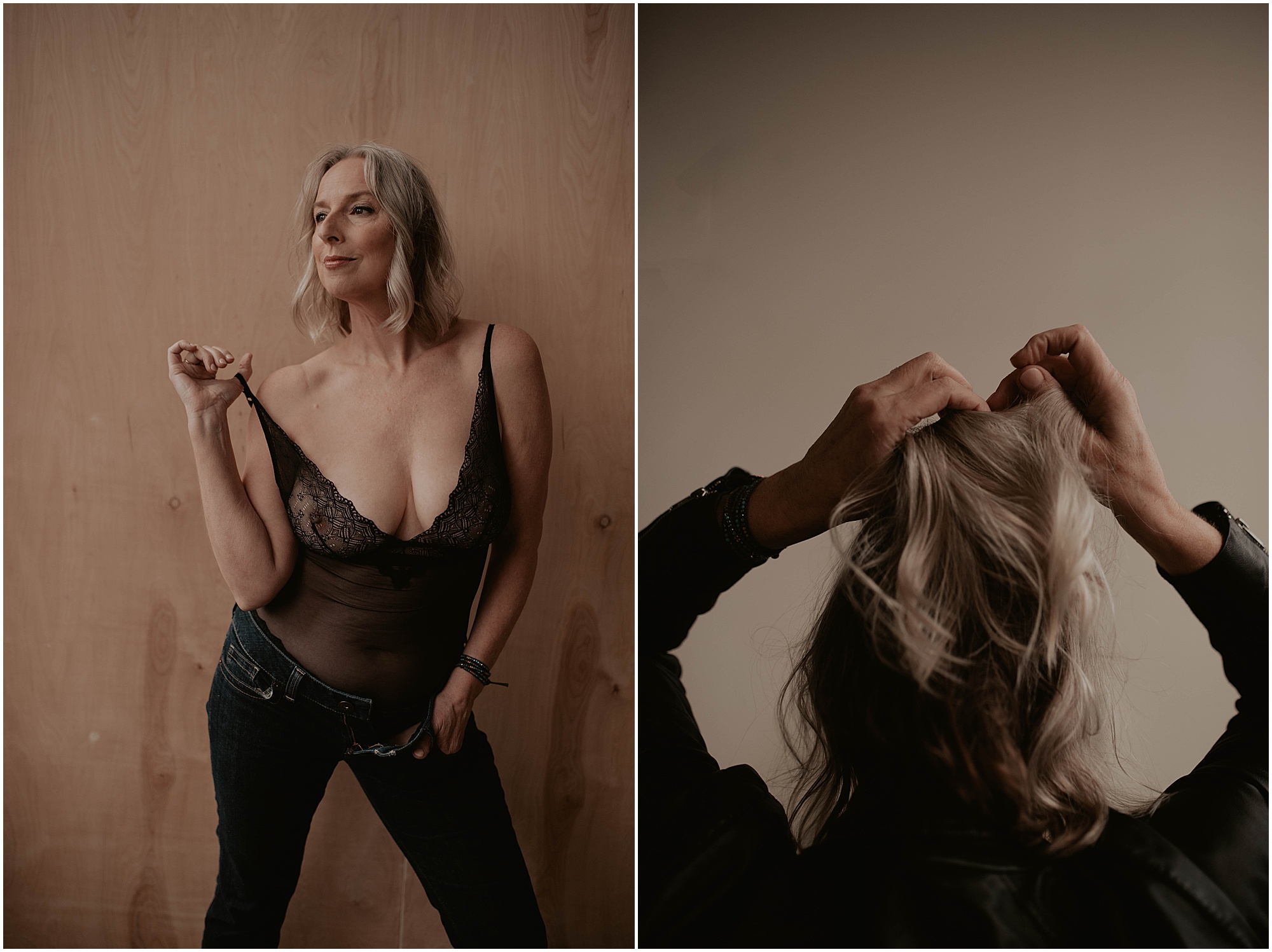 black one piece lingerie, silver fox, gray hair,