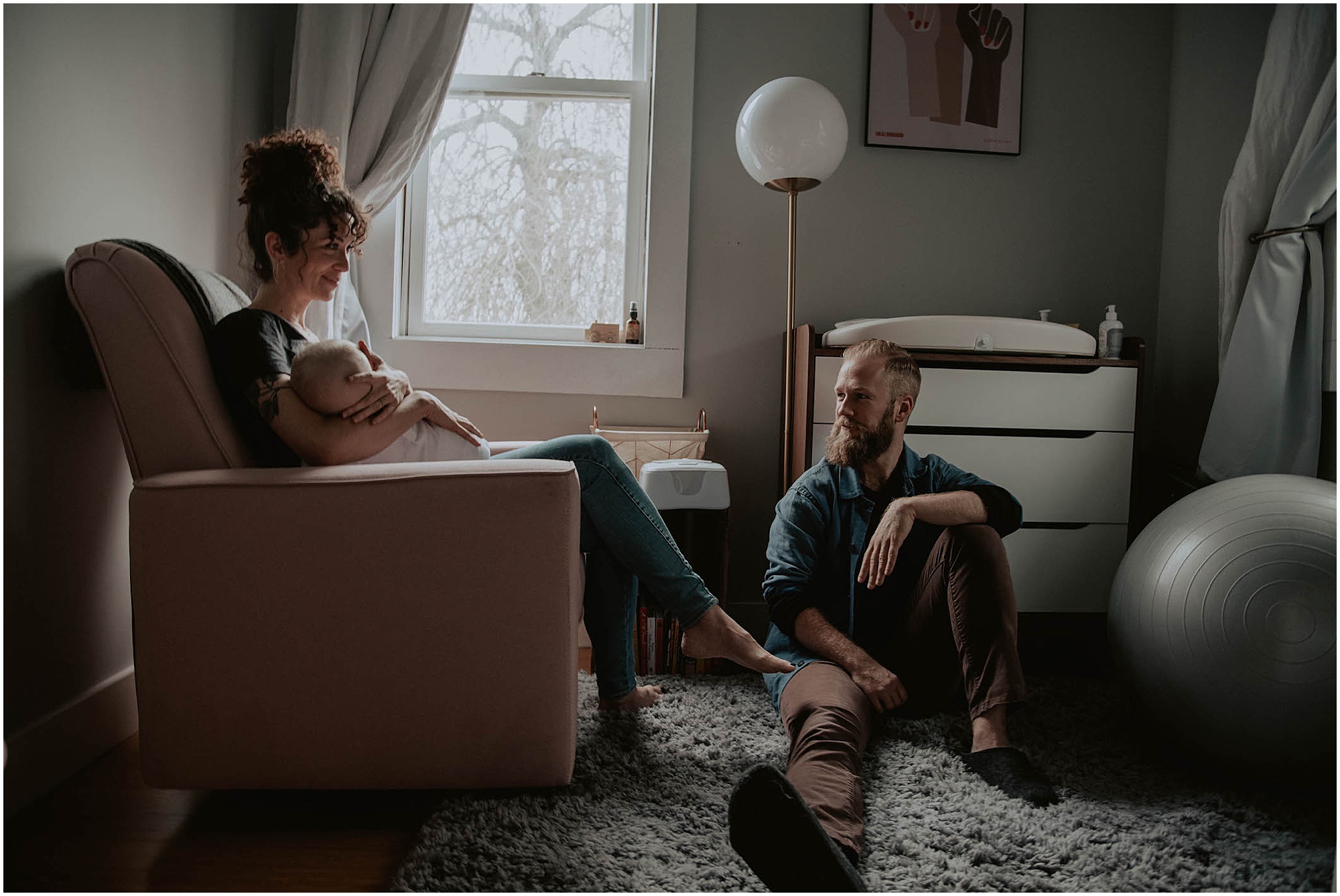 family of three in babys bedroom, 2020,