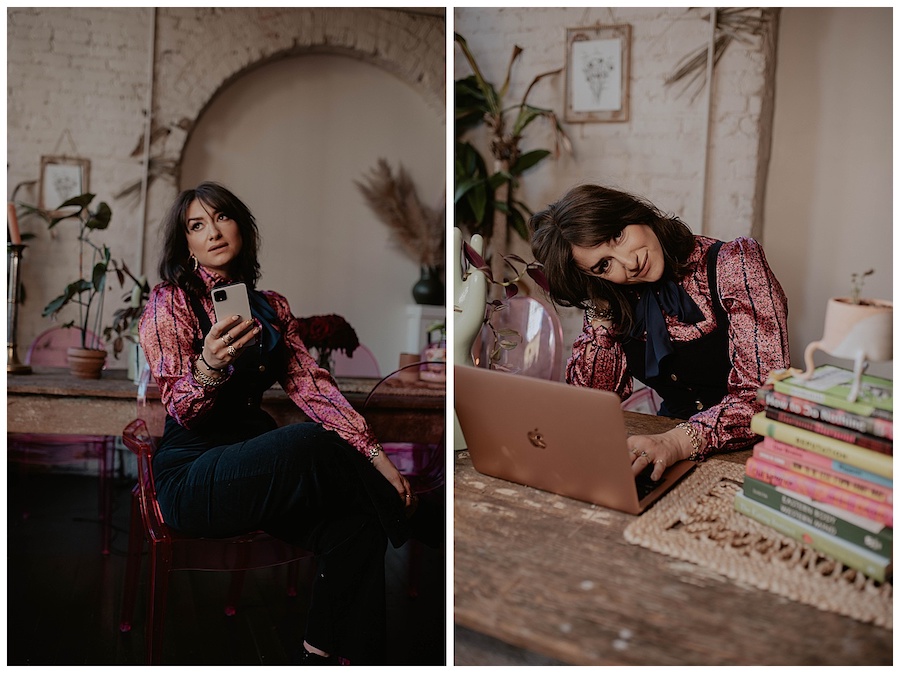 silk shirt with ascot, stack of books