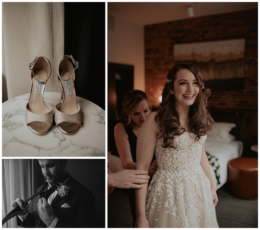 bride in botanical wedding dress getting ready with her loved ones