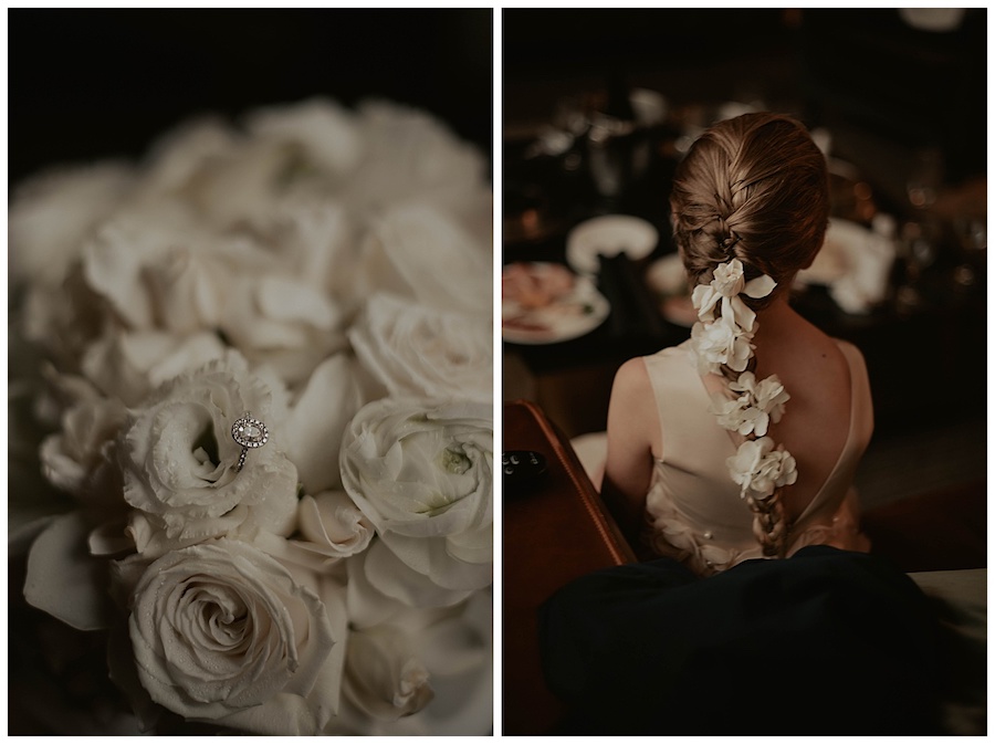 all white wedding bouquet with brides engagement ring