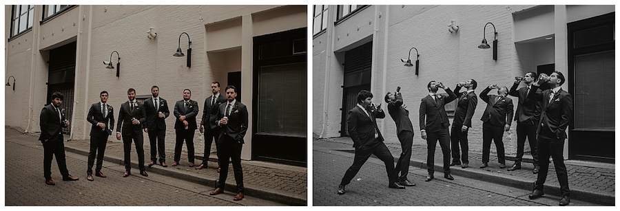 groomsmen standing in alleyway with beers at axis pioneer square