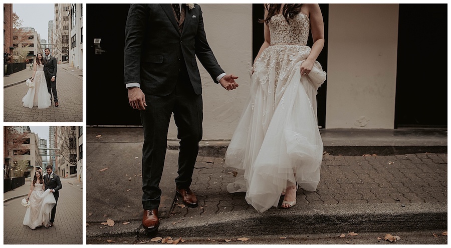 bride and groom in downtown seattle walking through alleyway