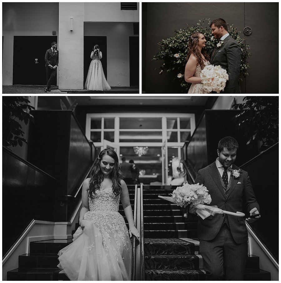 bride and groom leaving hotel for ceremony