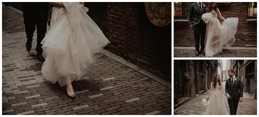 bride and groom at axis pioneer square seattle, posing in brick walled alleyway 