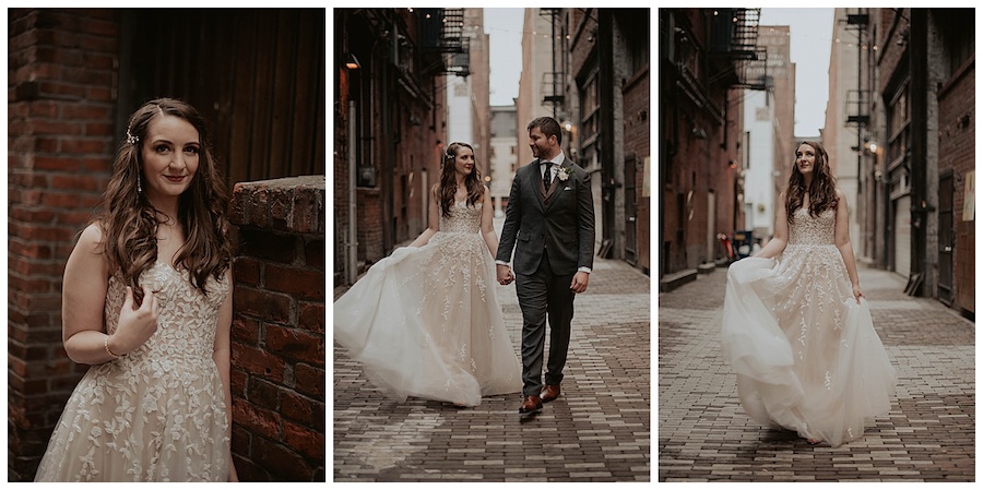 bride in botanical embroidered white wedding dress walking down brick walled alleyway