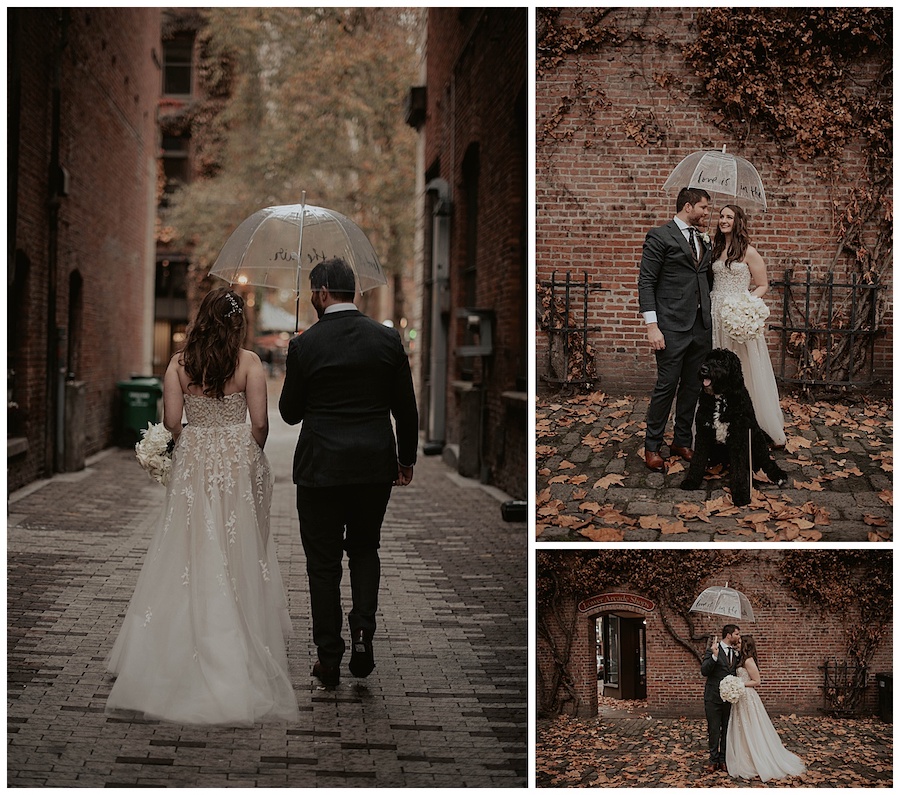 bride and groom standing underneath clear umbrella in pioneer square seattle on wedding day
