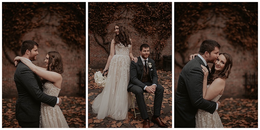 bride and groom posing in downtown seattle in front of brick wall on fall day