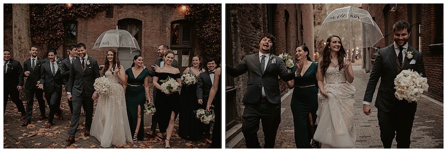 bride and groom with wedding party walking around pioneer square