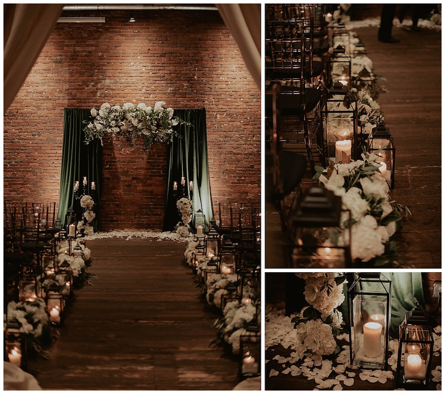 harry potter inspired ceremony decor, dark green velvet curtains with candle and all white floral decor 