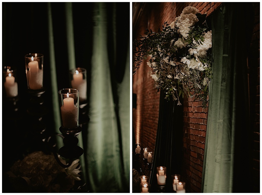 dark velvet green curtains with candles at Axis pioneer square