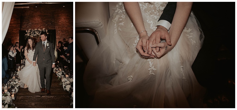 bride and groom walking down romantic wedding aisle with all white flowers