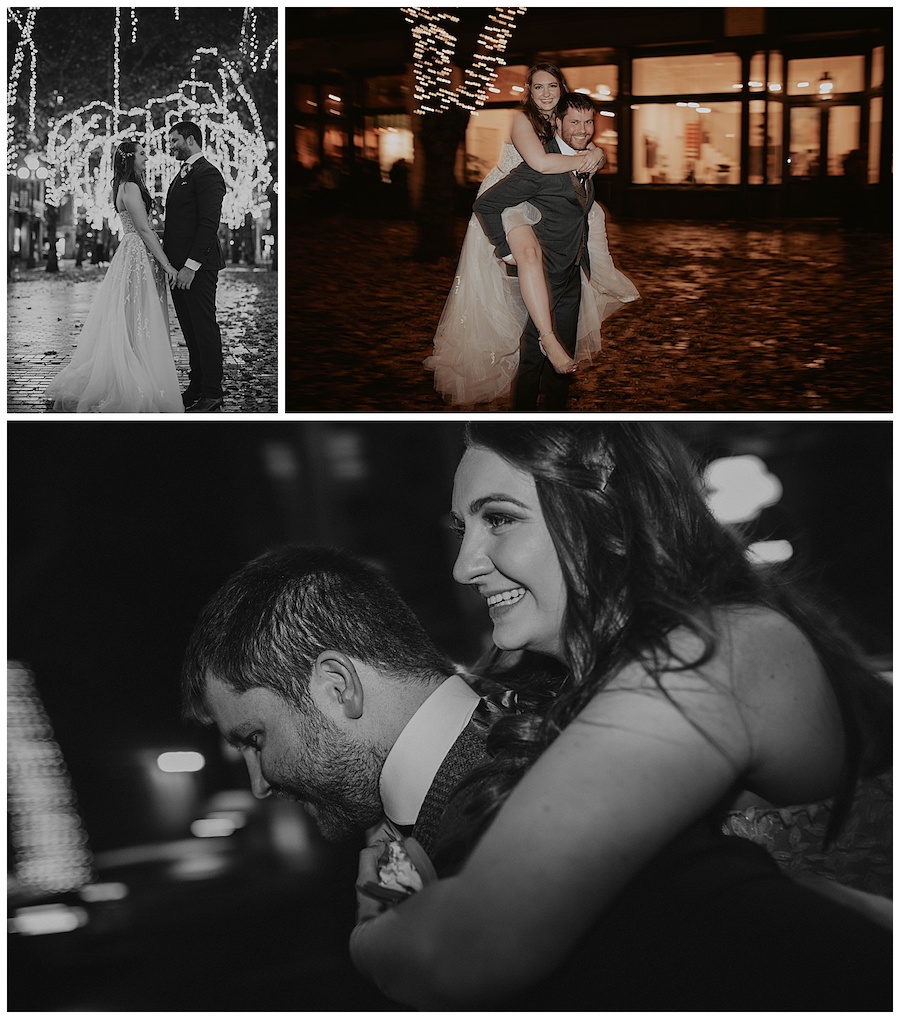 groom carrying bride on his back through pioneer square seattle during fall