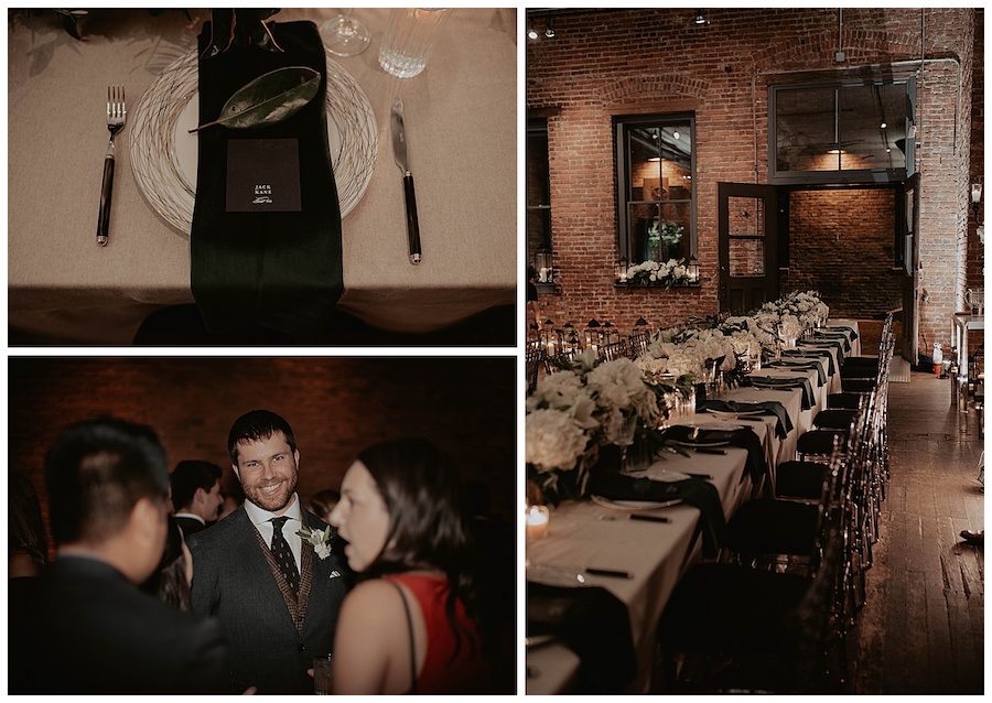 romantic indoor wedding reception with all white candle and green napkins