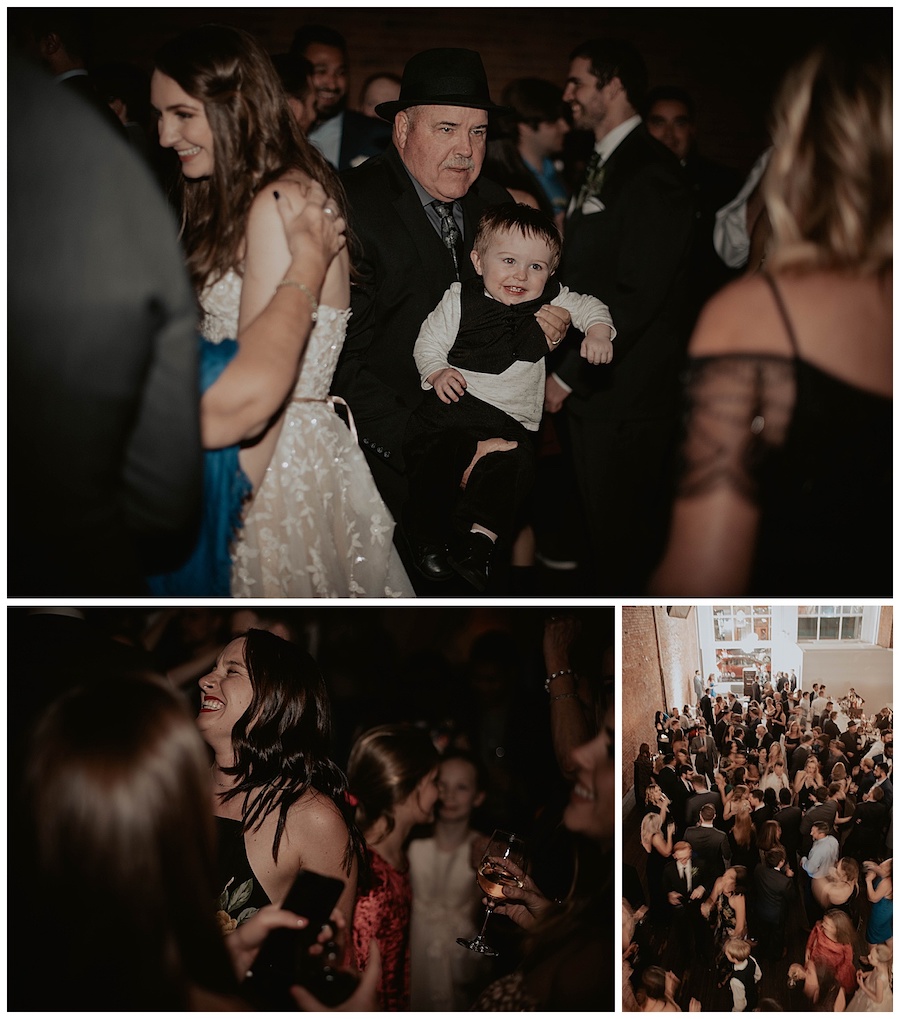 dancing moment during wedding reception, people laughing and having fun at downtown wedding