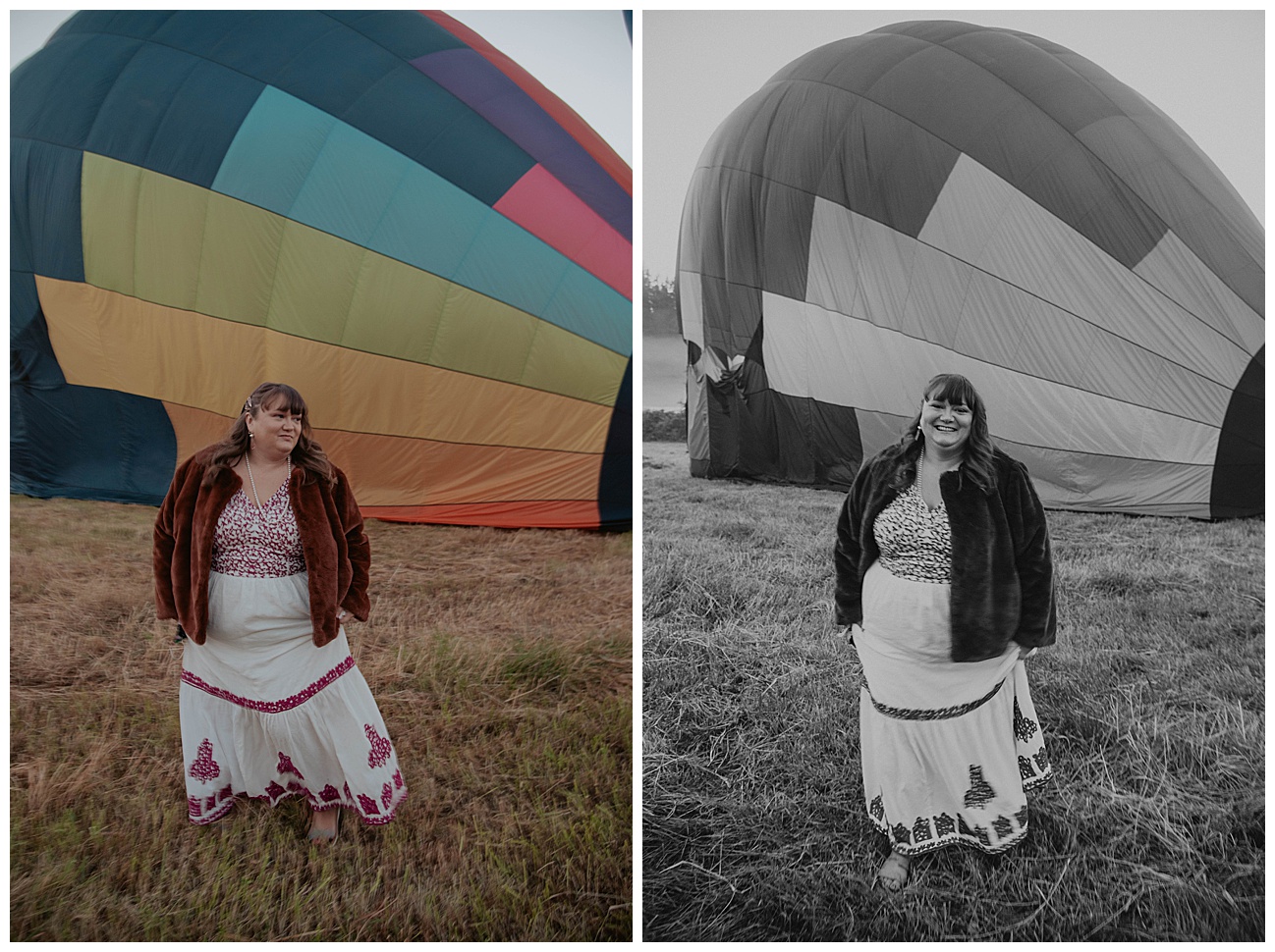 bride posing in front of hot air balloon, unconventional wedding dress