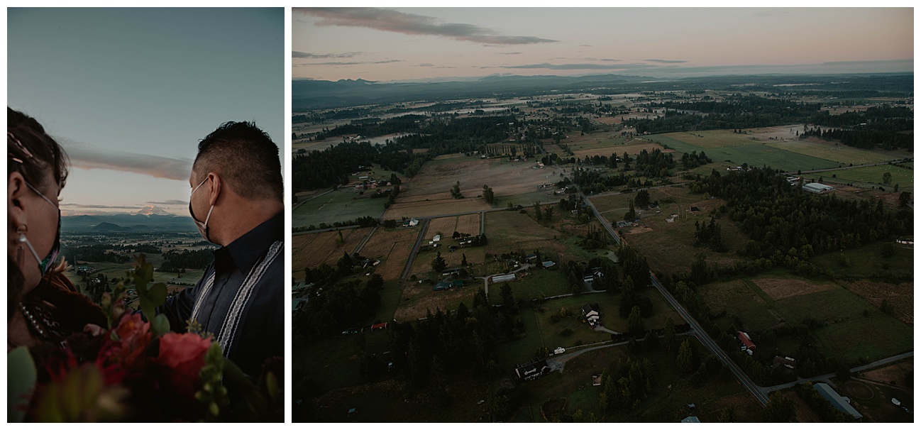 wedding couple in hot air balloon basket