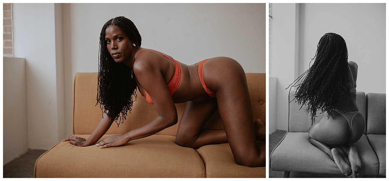 sexy pose on couch, boudoir in seattle