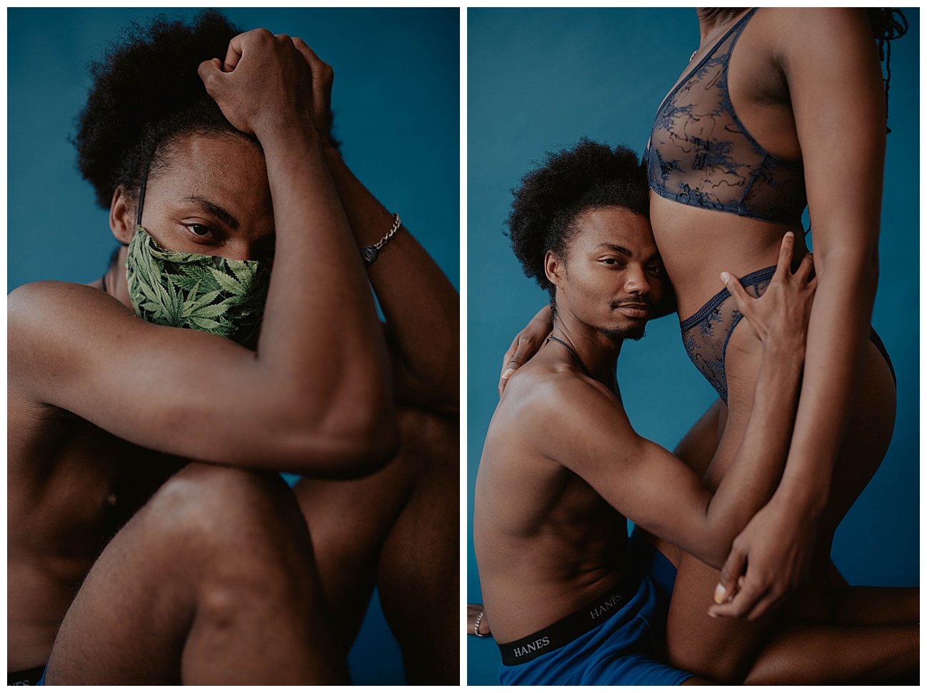 covid mask, blue lingerie set boudoir couples pose