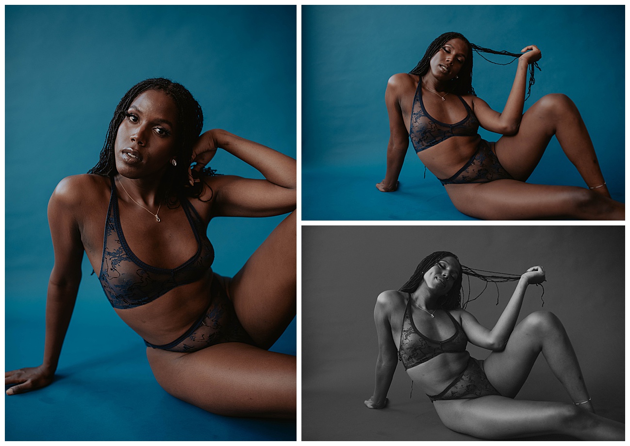 sexy boudoir posing on blue background 
