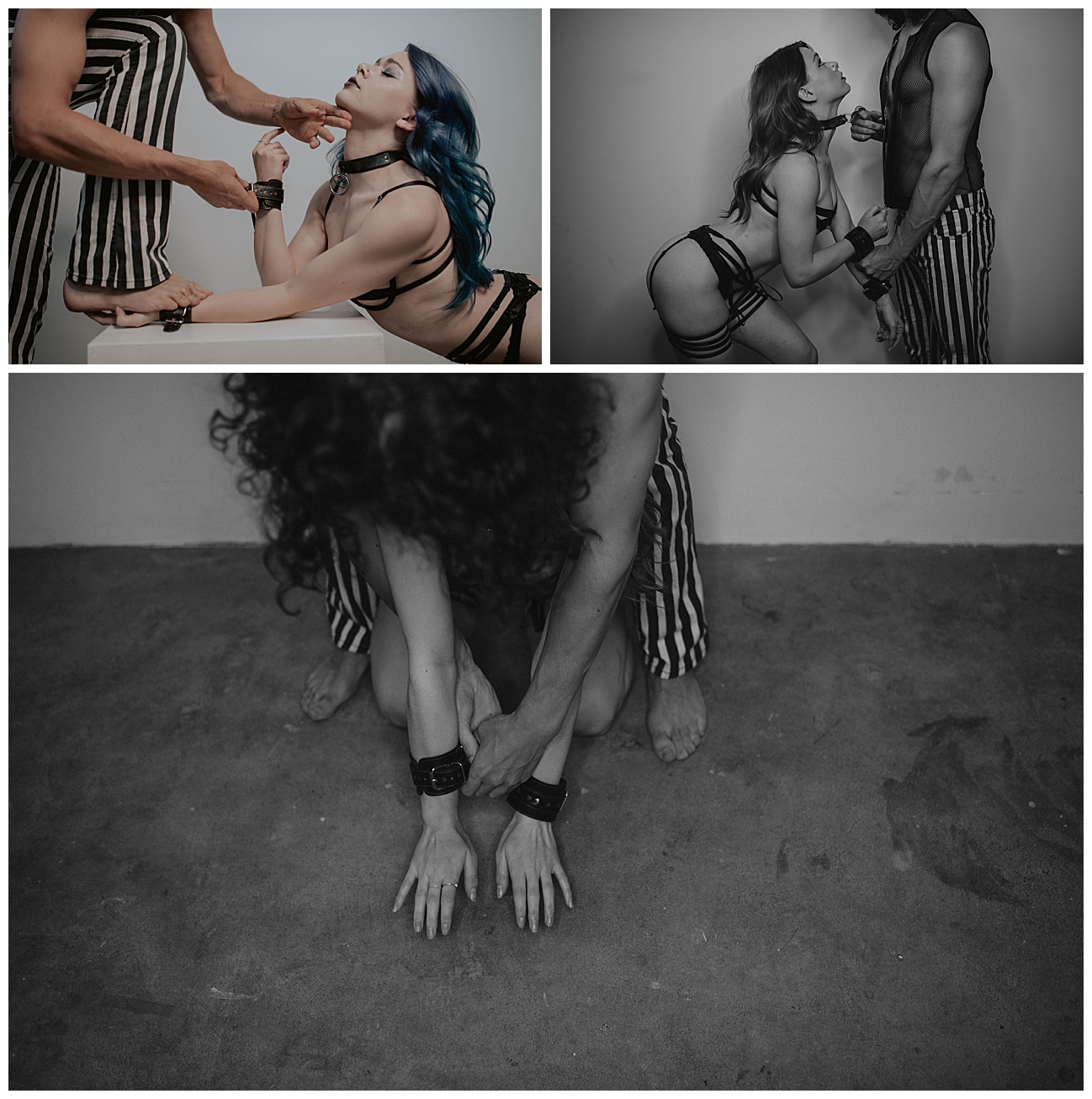 couples kink boudoir in seattle studio, black and white striped pants, handcuffs