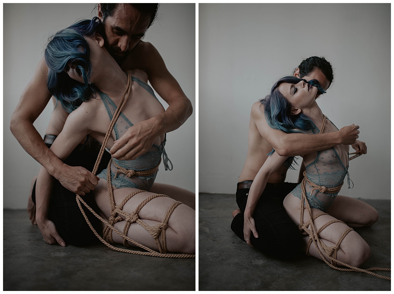 couples kink boudoir in seattle studio, rope ties, handcuffs, blue hair, dom and sub,